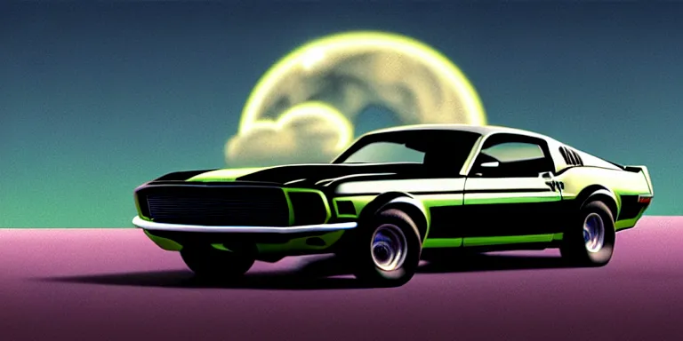 Image similar to a cinematic keyframe matte painting of a sleek 1 9 7 0 s vaporwave concept retro - futurism sci - fi ford mustang fast back knight rider blacked out car in an open garage in the american southwest, view from the street. in the moonlight. cactus. by eric lafforgue, glennray tutor and edward hopper, greg rutkowski. trending on artstation.