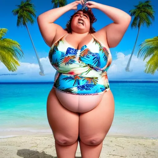 Image similar to The photo depicts an obese woman in a bathing suit, with her curves and rolls exaggerated. She has a look of surprise on her face, as if she can't believe what she's seeing. The background is a fake beach scene, complete with palm trees and sand. The overall effect is both hilarious and surreal. Photomanipulation.