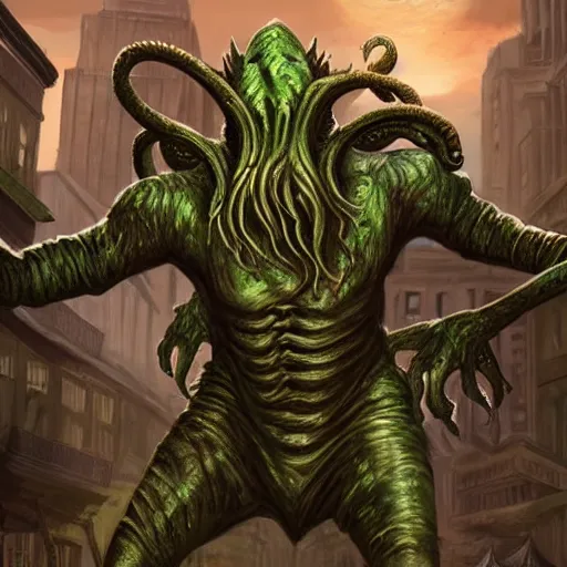 Image similar to high quality concept art of many huge statues of cthulhu in downtown, crowded people, dark fantasy, highly detailed, cinematic lighting