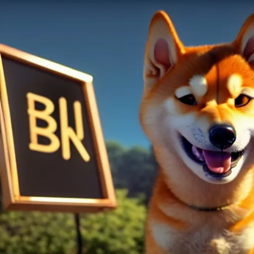 Image similar to weta disney pixar movie still photo of funny shiba inu with sign that says bonk : : by weta, greg rutkowski, wlop, ilya kuvshinov, rossdraws, artgerm, octane render, iridescent, bright morning, anime, liosh, mucha : :