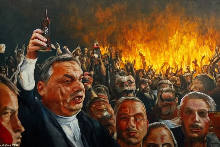 Image similar to viktor orban drinking beer and cheering at the apocalyse in front a burning city, highly detailed eyes, oil on canvas