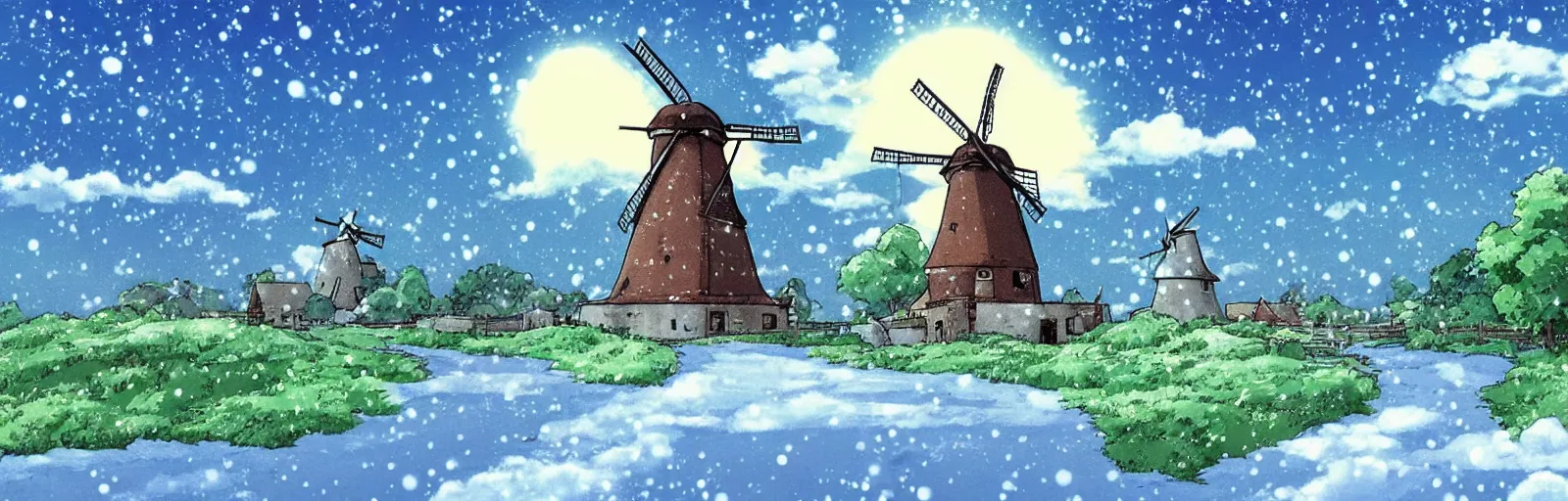 Prompt: beautiful countryside background with a windmill by studio ghibli, cute, winter