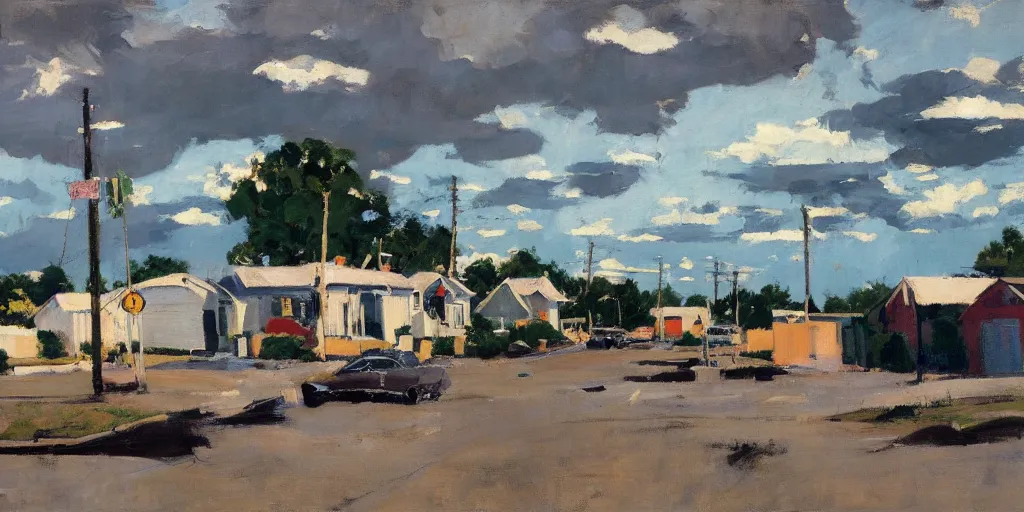 Image similar to us suburbs, ominous sky, ben aronson 1950