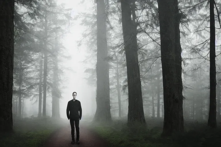 Image similar to a cinematic headshot portrait of a skinny evil male scientist, in a spooky forest, fog, portrait, portrait, portrait, shrubbery, 8 k, detailed, backlight, deep focus, movie still, moody lighting, by werner herzog