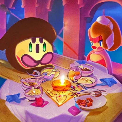 Prompt: kirby romantic dinner, candlelight