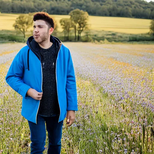 Image similar to steven bonnell ii in a blue jacket walking in a field, 5 0 mm sigma lens, sony a 7 siii