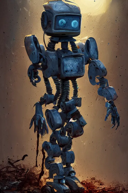 Prompt: a smashed robot in dirty torn rags, a skinte arm climbs out of the ground, night, rain, moonlight, cemetery, highly detailed, digital painting, artstation, sharp focus, illustration,