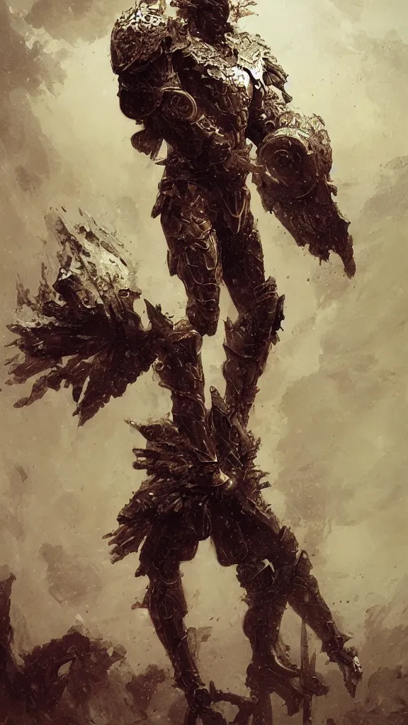 Image similar to zeus god, wearing thunder armor, greek ornamented armor, beksinski, ruan jia, weta workshop concept art