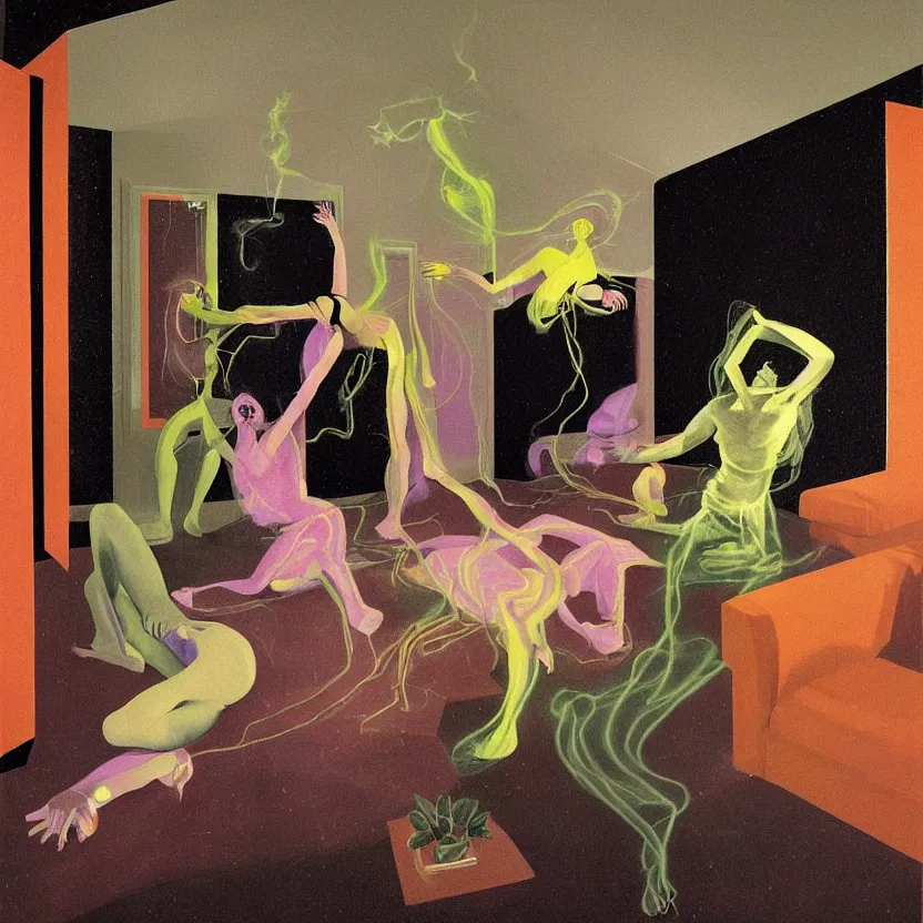 Prompt: Man and woman start to bounce in a living room of a house, floating dark energy surrounds the middle of the room. There is one living room plant to the side of the room, surrounded by a background of dark cyber mystic alchemical transmutation heavenless realm, third eye dream flow, cover artwork by francis bacon and Jenny seville, midnight hour, part by adrian ghenie, part by jeffrey smith, part by josan gonzales, part by norman rockwell, part by phil hale, part by kim dorland, artstation, highly detailed