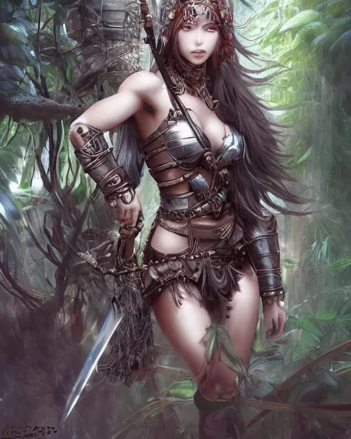 Prompt: digital art of a warrior woman in a jungle wearing silver medieval armor, fantasy art, character art, by wlop, by yoshitaka amano, detailed body and face, beautiful face, anime style, 4 k, dnd