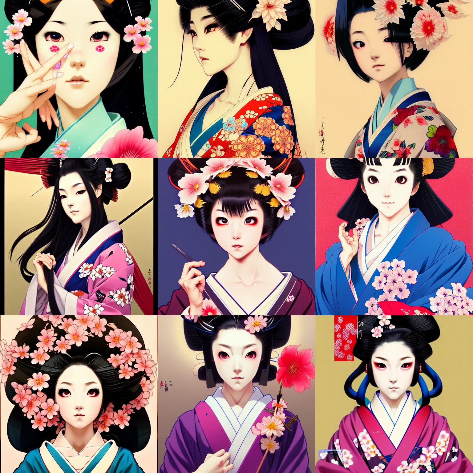 Prompt: symmetry!! beautiful anime girl geisha portrait, wearing flowery kimono, expressive eyes, highly detailed, anime, dynamic lighting, digital art, digital painting, artstation, wlop, gil elvgren, sharp focus, illustration, art by artgerm and greg rutkowski and alphonse mucha, 8 k