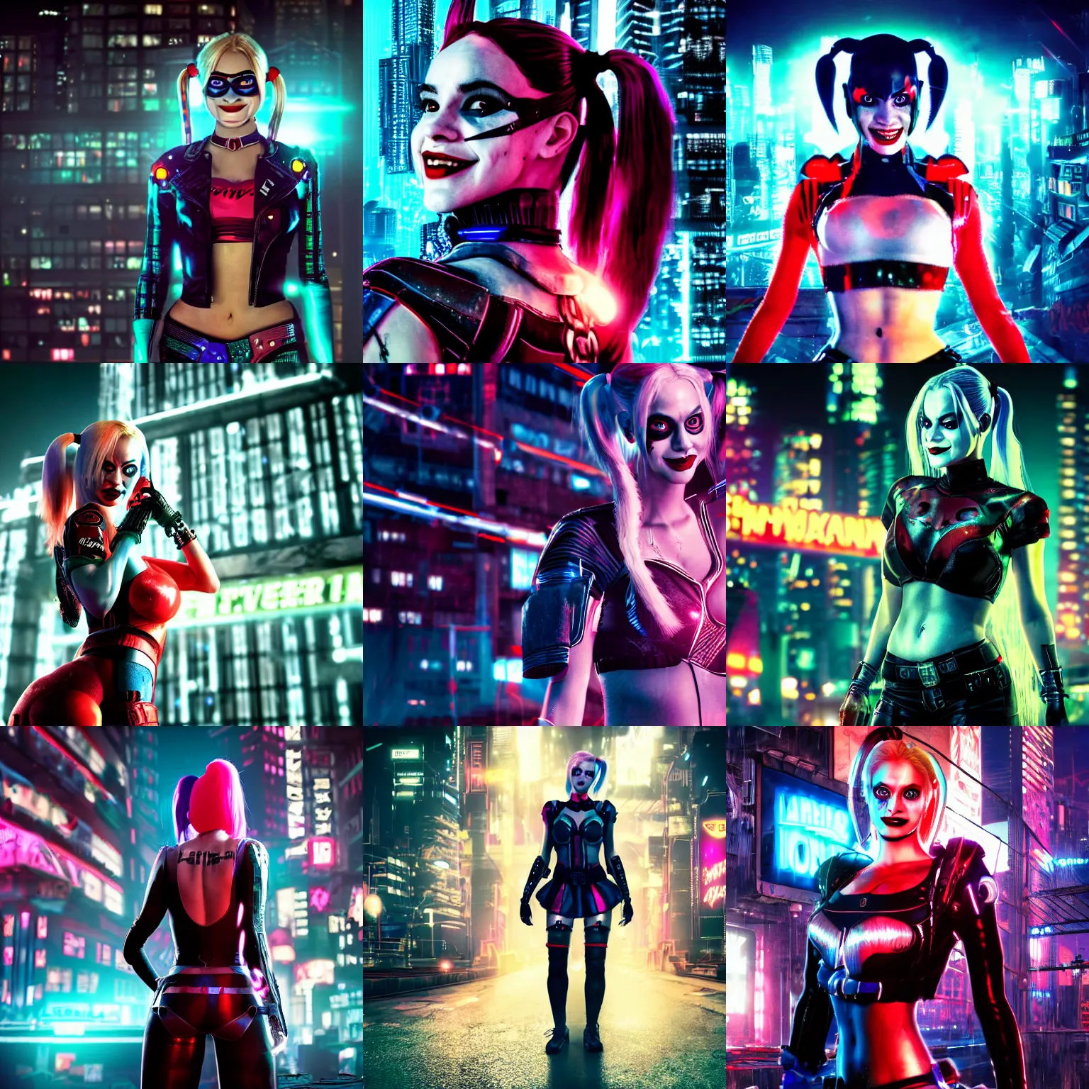 Prompt: harley quinn film still of her standing, arkham knight style, head and shoulder shot, smiling, cyberpunk setting, beautiful cityscape background, neon signs, vibrant colors, holograms, 4k, digital art