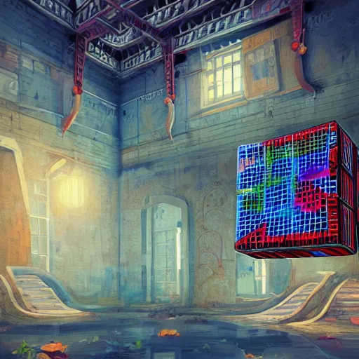 Image similar to a beautiful painting of an abandoned rubik's cube factory, inspired by cyril rolando, ornate, intricate, emitting light ornaments, volumetric lighting, cgsociety, terracotta red, very detailed, trending on artstation, 8 k