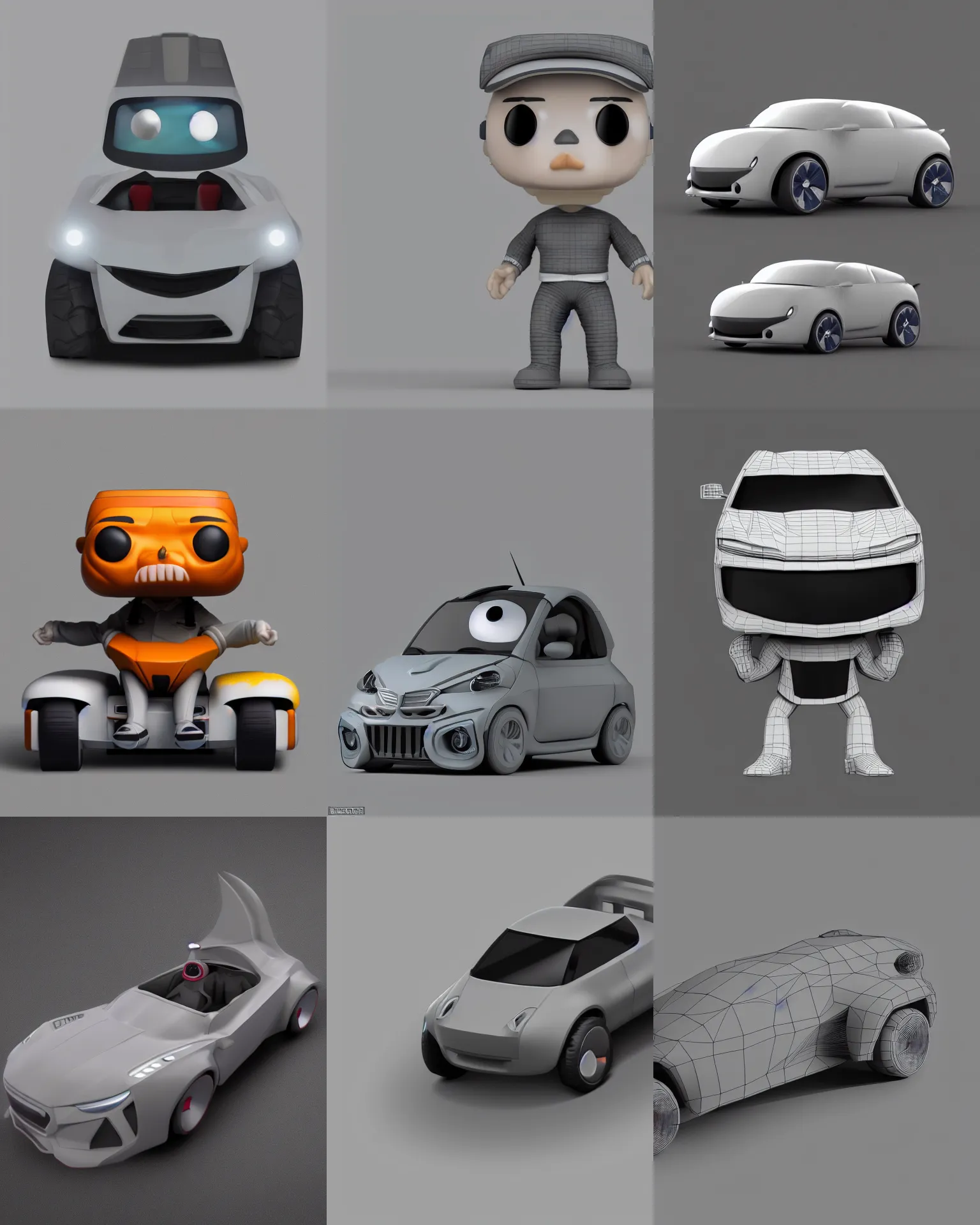 Prompt: full body 3 d render of concept car as a funko pop!, studio lighting, grey background, no shadow, blender, trending on artstation, 8 k, highly detailed