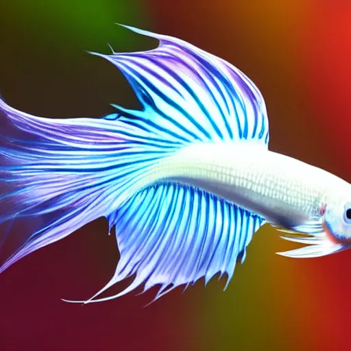 Image similar to a swirling iridescent white betta fish with long swirling fins, black-water-background