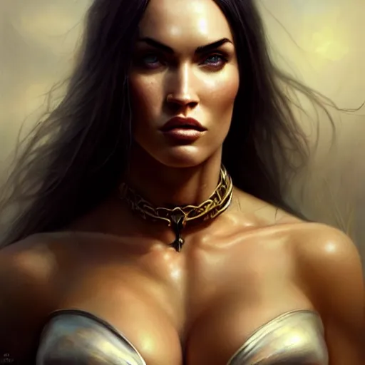 Image similar to portrait of megan fox, muscular upper body, slave collar, bikini, fantasy, intricate, elegant, highly detailed, digital painting, artstation, concept art, matte, sharp focus, illustration, art by aenaluck and roberto ferri and greg rutkowski, epic fantasy, digital painting
