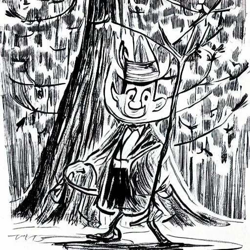 Prompt: neat ink drawing of cartoon wizard in robe and hat staying on the top of the tree, by Bill Waterson by Rutkowsky,