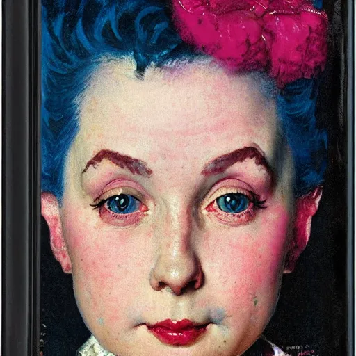 Image similar to frontal portrait of a blue and pink queen, by norman rockwell