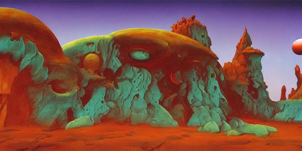 Prompt: extraterrestrial landscape, harmony, by roger dean