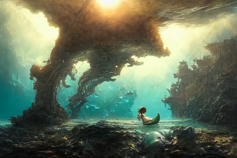 Image similar to a beautiful mermaid looking at the sunken city of Atlantic under water, ray of sunlight, Greg Rutkowski, Mohrbacher