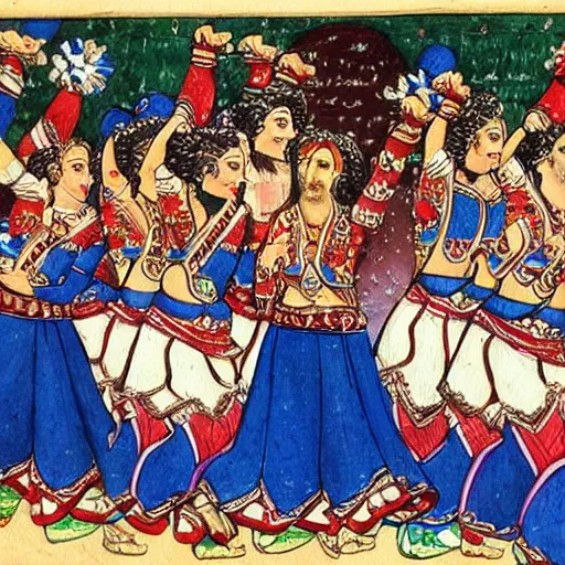 Image similar to a persian miniature painting, cheerleaders dancing, high detail, high quality, hd