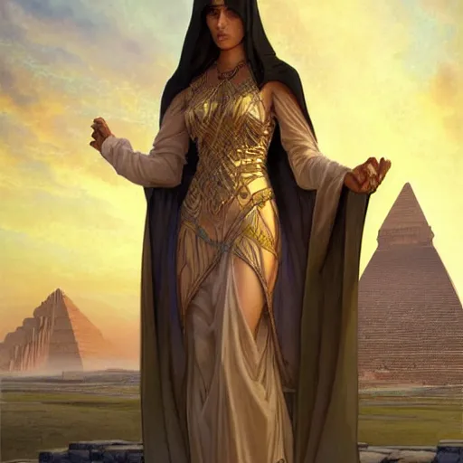Image similar to portrait of isis as a beautiful cloaked sorceress, half body, perfect face, intricate, elegant, highly detailed, digital painting, artstation, concept art, smooth, sharp focus. temples towers and pyramids in the background. tiny people below. illustration, art by artgerm and greg rutkowski and alphonse mucha