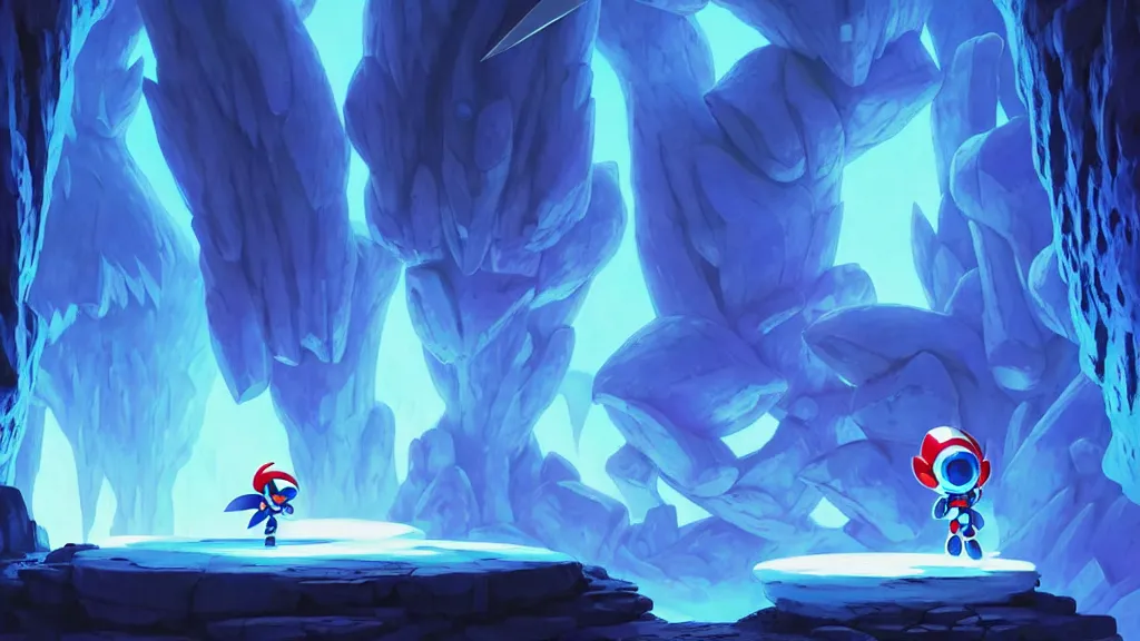 Image similar to megaman zero stage 1 the ice cave, studio ghibli, pixar and disney animation, sharp, rendered in unreal engine 5, highly detailed, digital painting, artstation, hollow knight, smooth, sharp focus, illustration, wide angle, wallpaper, splash art, promo art, dramatic lighting, art by artgerm and greg rutkowski and bo chen and jin xiaodi