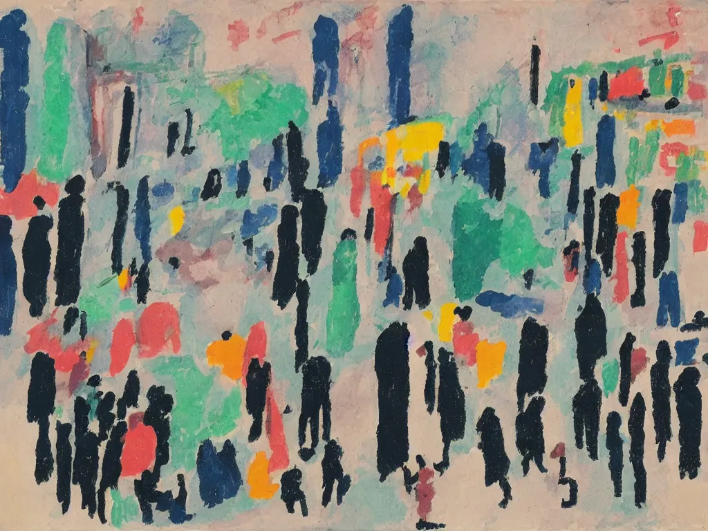 Image similar to few people waiting in a bus stop in dark city night, artwork by etel adnan