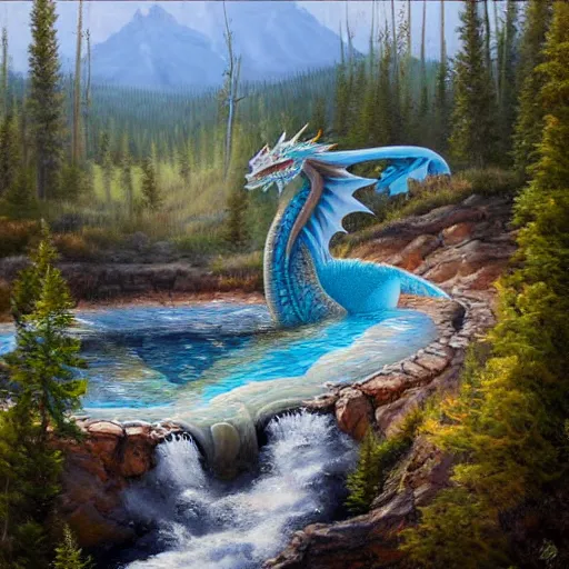 Image similar to highly detailed oil painting of a dragon resting in a hotspring at yellowstone national park, featured on artstation