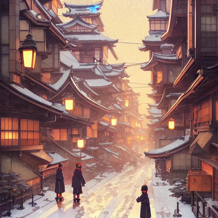 Image similar to japanese big city, winter, in the style of studio ghibli, j. c. leyendecker, greg rutkowski, artem