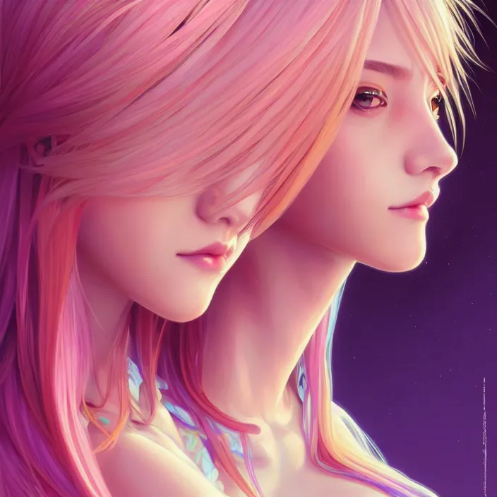 Image similar to portrait of beautiful symmetrical anime girl, rainbow hair, attractive, casual, modern, victoria's secret, highly detailed, digital painting, artstation, concept art, smooth, sharp focus, illustration, art by moebius, artgerm, greg rutkowski and alphonse mucha, 8 k,