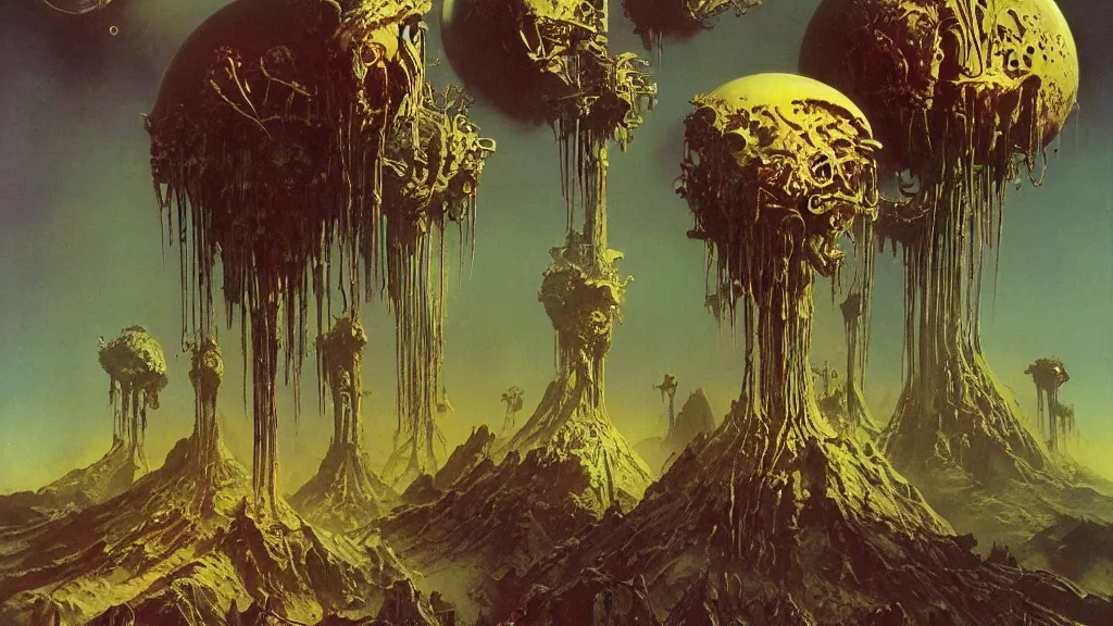 Image similar to surreal eerie alien planet empire with strange biomechanical plants by frank frazetta and bruce pennington, cinematic matte painting