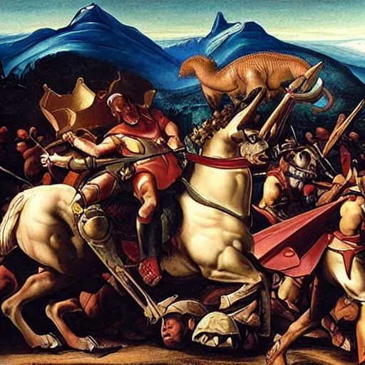 Image similar to hannibal crosses the alps with battle triceratops, punic wars, renaissance painting style