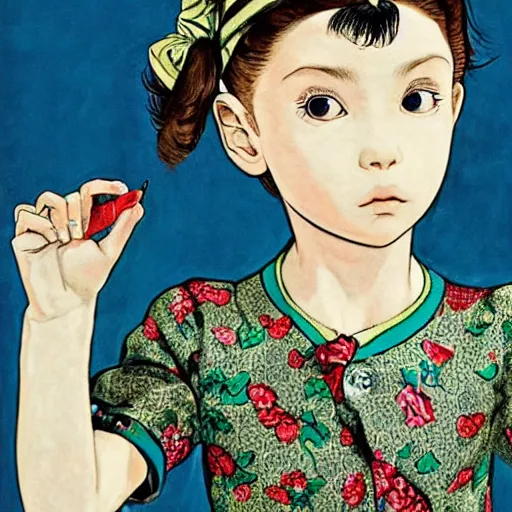 Prompt: little girl wearing an gucci's outfit. art by hirohiko araki, inspired by balthus, highly detailed, realistic,