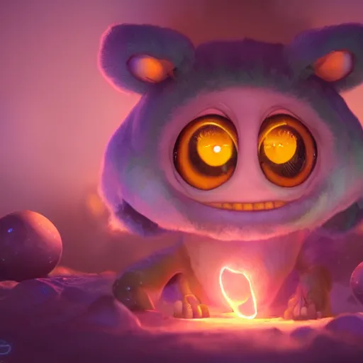 Image similar to adorable glowing creature, trending on artstation, cute, big eyes, concept art, pixar, disney, highly detailed, cinematic composition, unreal engine, 3 d rendered in octane, fantasy planet