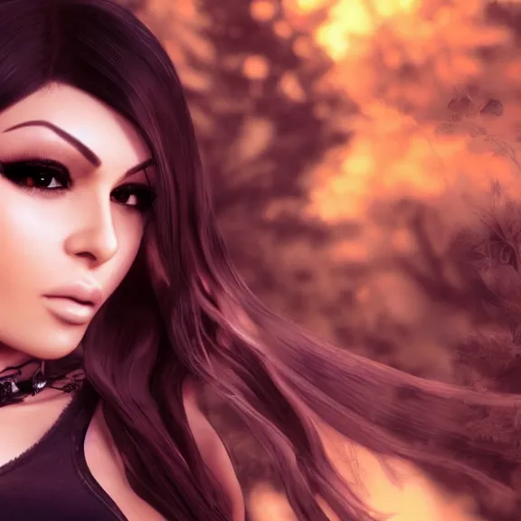 Prompt: portait of haifa wehbe, long hair centred, hd, very charming look, very detailed curve, unreal engine, final fantasy style, fairy tail background