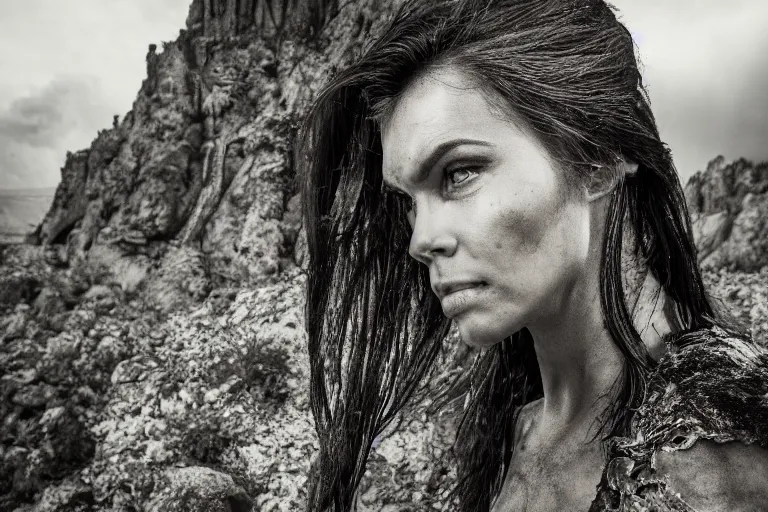 Prompt: portrait of beautiful armored orc woman, rocky terrain by Emmanuel Lubezki