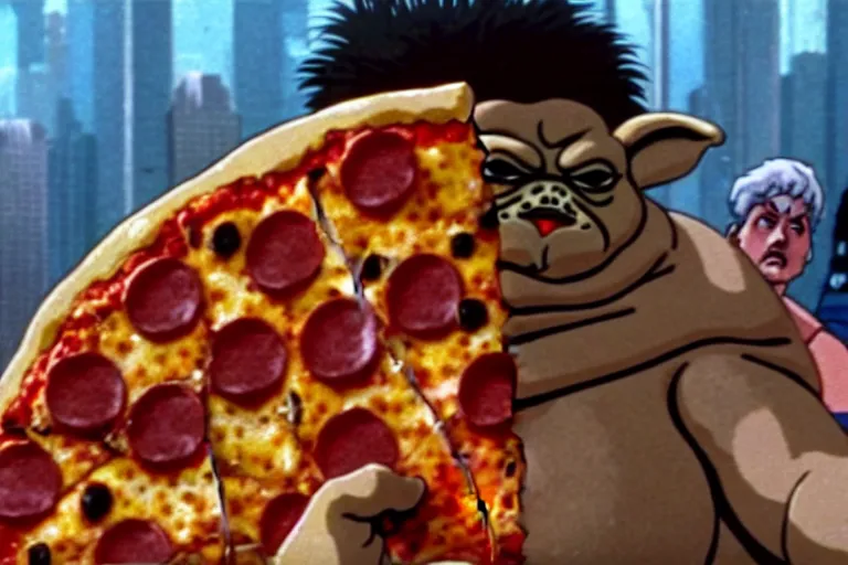 Image similar to a film still of pizza the hut in the akira, high quality