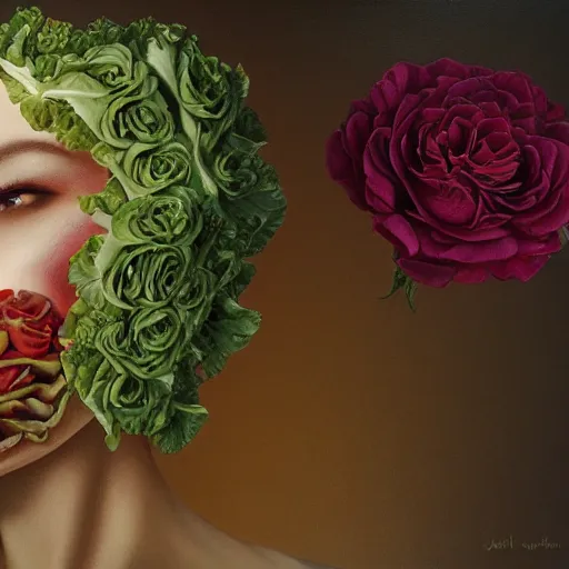 Prompt: the anatomy of a head of lettuce with roses that resemble a beautiful asian woman, an ultrafine detailed painting by james jean, intricate linework, bright colors, final fantasy, behance contest winner, vanitas, angular, altermodern, unreal engine 5 highly rendered, global illumination, radiant light, detailed and intricate environment