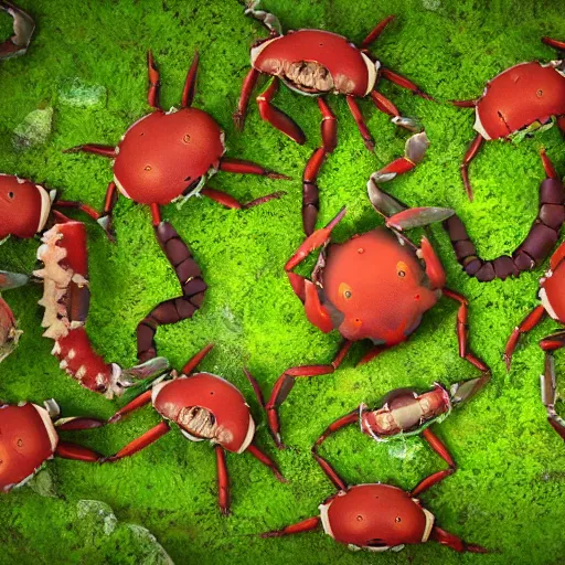 Image similar to large group of crabs and worms, crawling along a bed of moss, low poly, creeper world, handcrafted, artstation, hyperrealistic, hard light, best practices, creeptastic, photorealism, macro perspective, cuddly, Voidless of the Festival!, The Graveyard!!