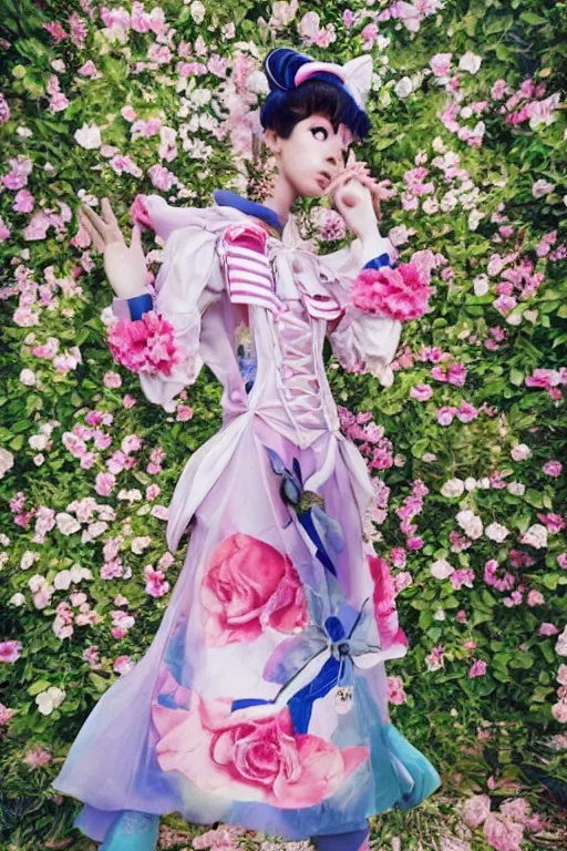 Image similar to sailor moon wearing floral valentino ss 2 0 1 5 cosplay, fashion photography
