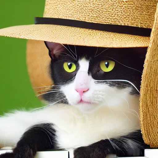 Prompt: a cat wearing straw hat playing piano