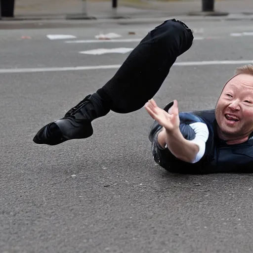 Image similar to Limmy in a bike crash falling off his bike, photorealistic,