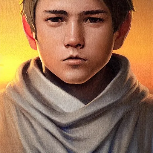 Image similar to a young male jedi with short dark blonde hair standing still looking at the sunset concept art by Doug Chiang cinematic, realistic painting, high definition, concept art, portait image, path tracing, serene landscape, high quality, highly detailed, 8K, soft colors, warm colors, turbulent sea, high coherence, anatomically correct, hyperrealistic, concept art, defined face, five fingers, symmetrical