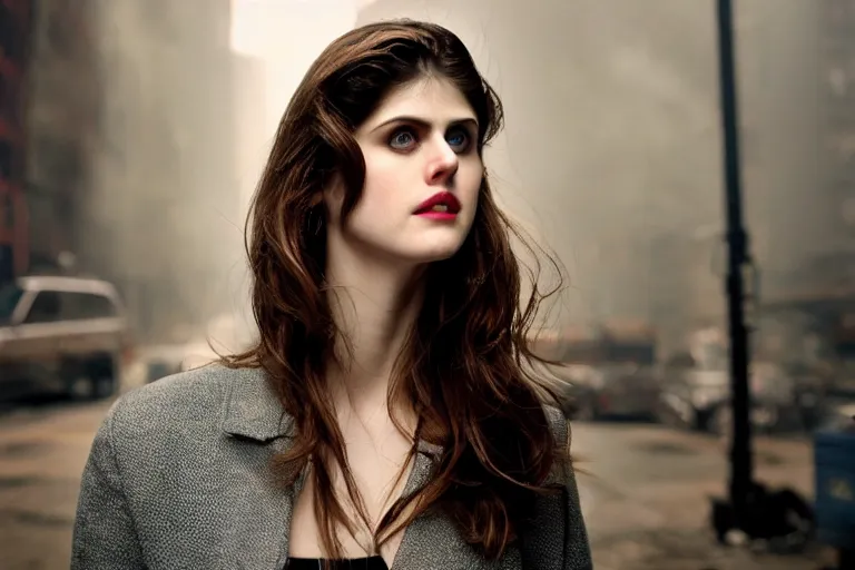 Prompt: closeup portrait Alexandra Daddario in a smoky new york back street, by Steve McCurry and David Lazar, natural light, detailed face, CANON Eos C300, ƒ1.8, 35mm, 8K, medium-format print