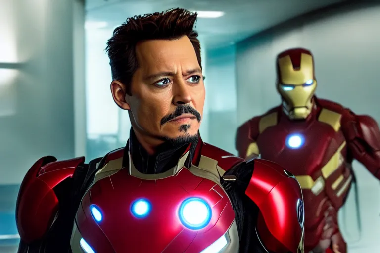 Image similar to film still of Johnny Depp as Tony Stark in new avengers movie, 4k