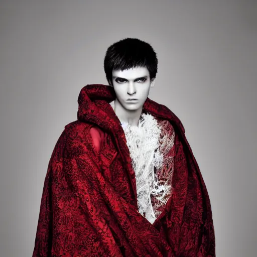 Prompt: a portrait of a beautiful young male wearing an alexander mcqueen cloak made of lace , photographed by andrew thomas huang, artistic