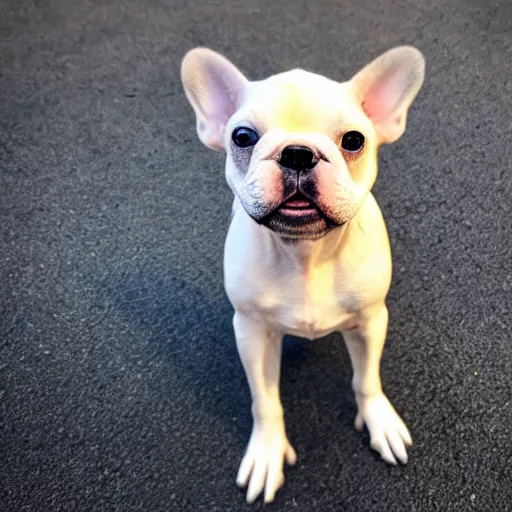 Image similar to photo of a sad white and brown french bulldog with a cone around his head