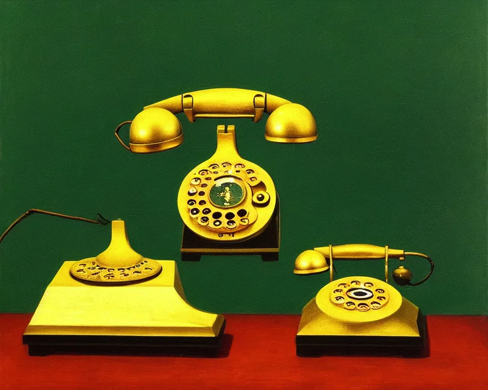 Prompt: an achingly beautiful print a golden rotary phone on a dark green background by Raphael, Hopper, and Rene Magritte. detailed, romantic, enchanting, trending on artstation.