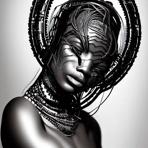 Image similar to portrait of an absurdly beautiful, graceful, sophisticated, fashionable black cyberpunk mechanoid gravure idol, ultrafine hyperdetailed illustration by irakli nadar, alek wek, matt wisniewski style, intricate linework, ebony skin, neon jellyfish headdress, ivory carved ruff, unreal engine 5 highly rendered, global illumination, radiant light, detailed and intricate environment